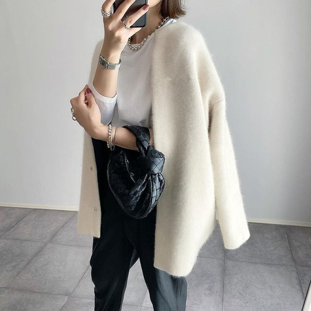 Women's Longline Open Front Cardigan Coat in Khaki - alternate angle showing fit and fabric detail