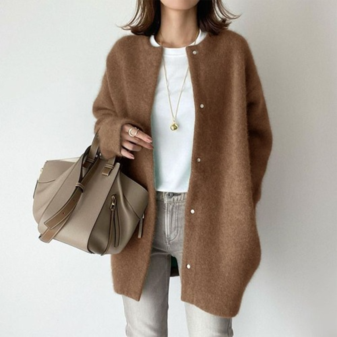 Women's Longline Open Front Cardigan Coat in Brown - front view