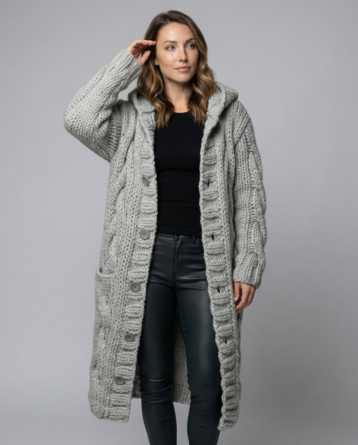 Women's Long Hooded Cardigan in Light Grey - front view