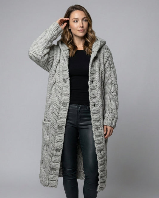Women's Long Hooded Cardigan in Light Grey - front view