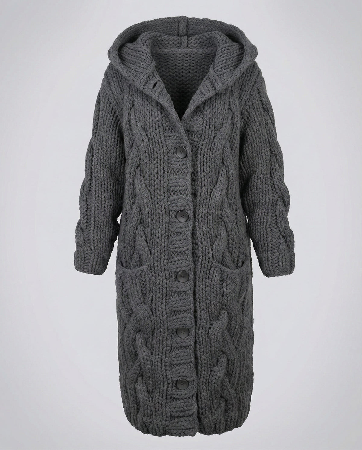 Women's Long Hooded Cardigan in Charcoal Grey - front view