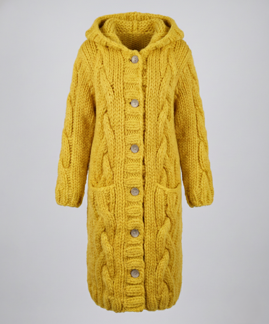 Women's Long Hooded Cardigan in Mustard - front view