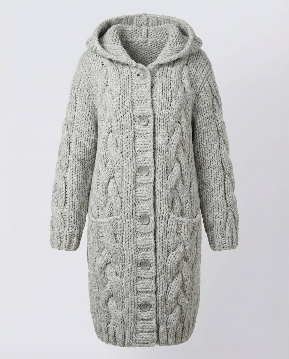 Women's Long Hooded Cardigan in Light Grey - alternate angle showing fit and fabric detail