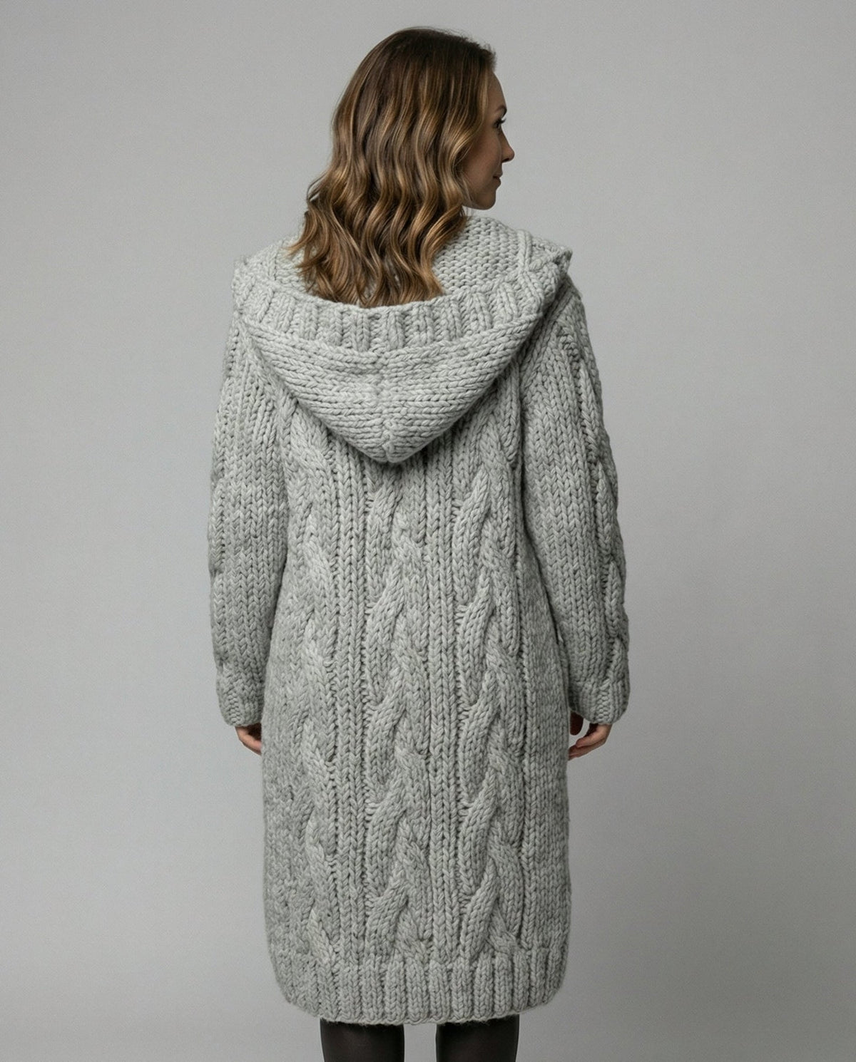 Women's Long Hooded Cardigan in Light Grey - alternate angle showing fit and fabric detail