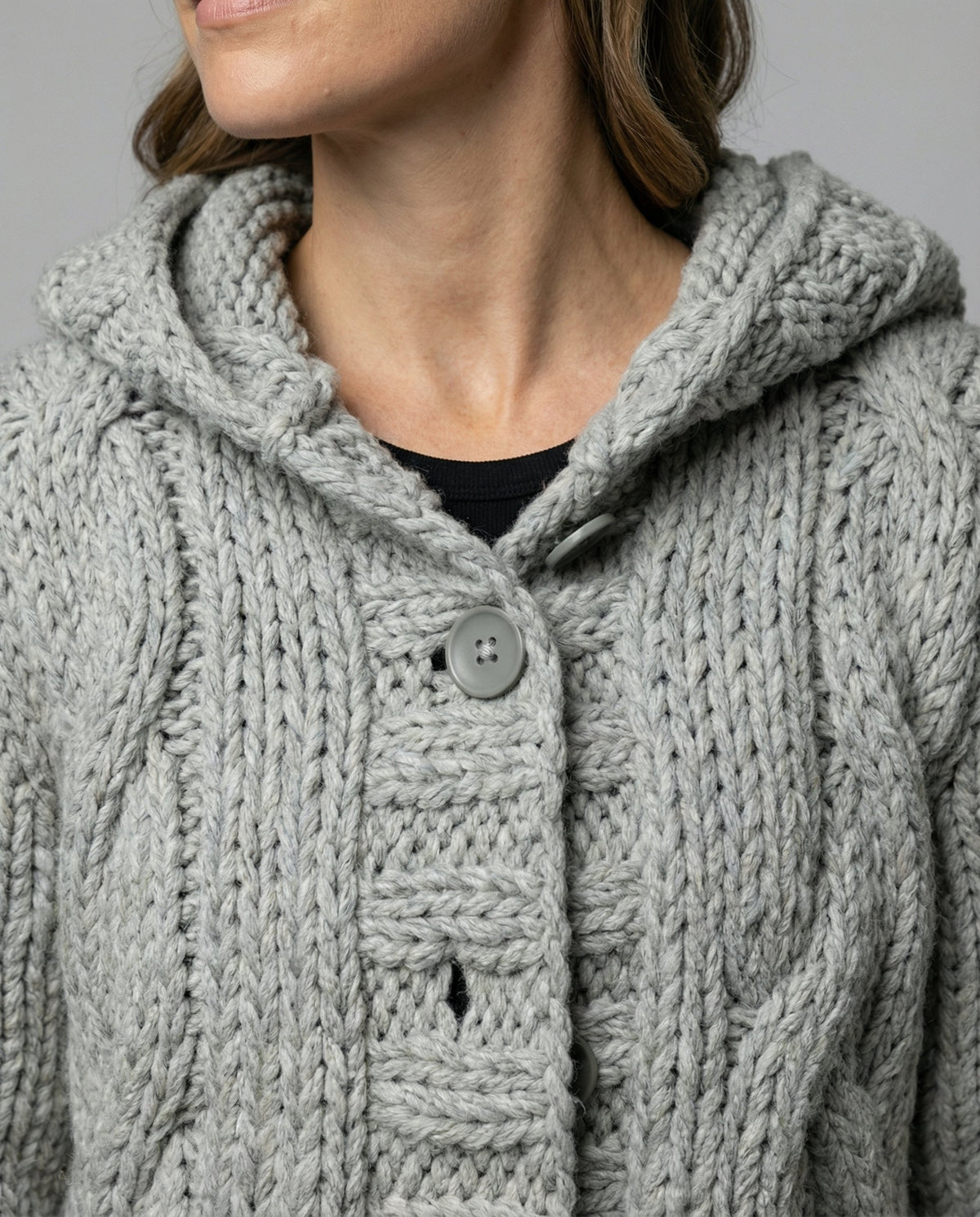 Women's Long Hooded Cardigan in Light Grey - alternate angle showing fit and fabric detail