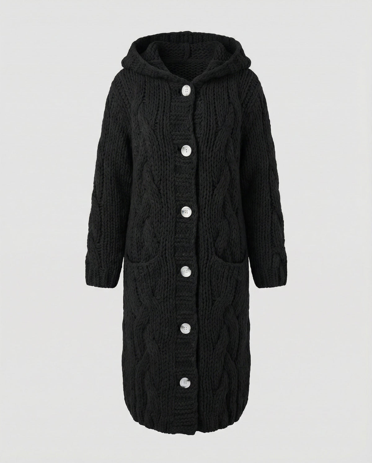 Women's Long Hooded Cardigan in Black - front view