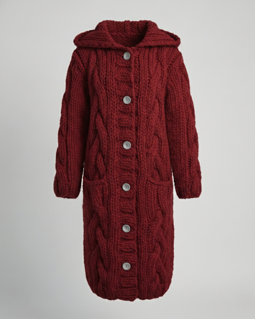 Women's Long Hooded Cardigan in Burgundy - front view