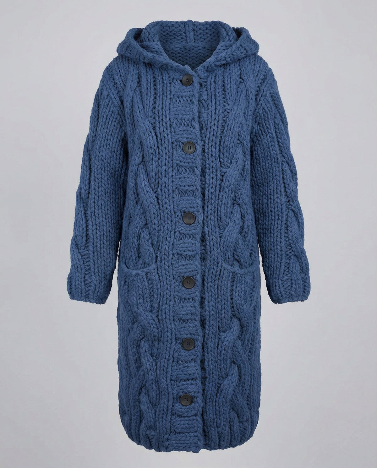 Women's Long Hooded Cardigan in Denim Blue - front view