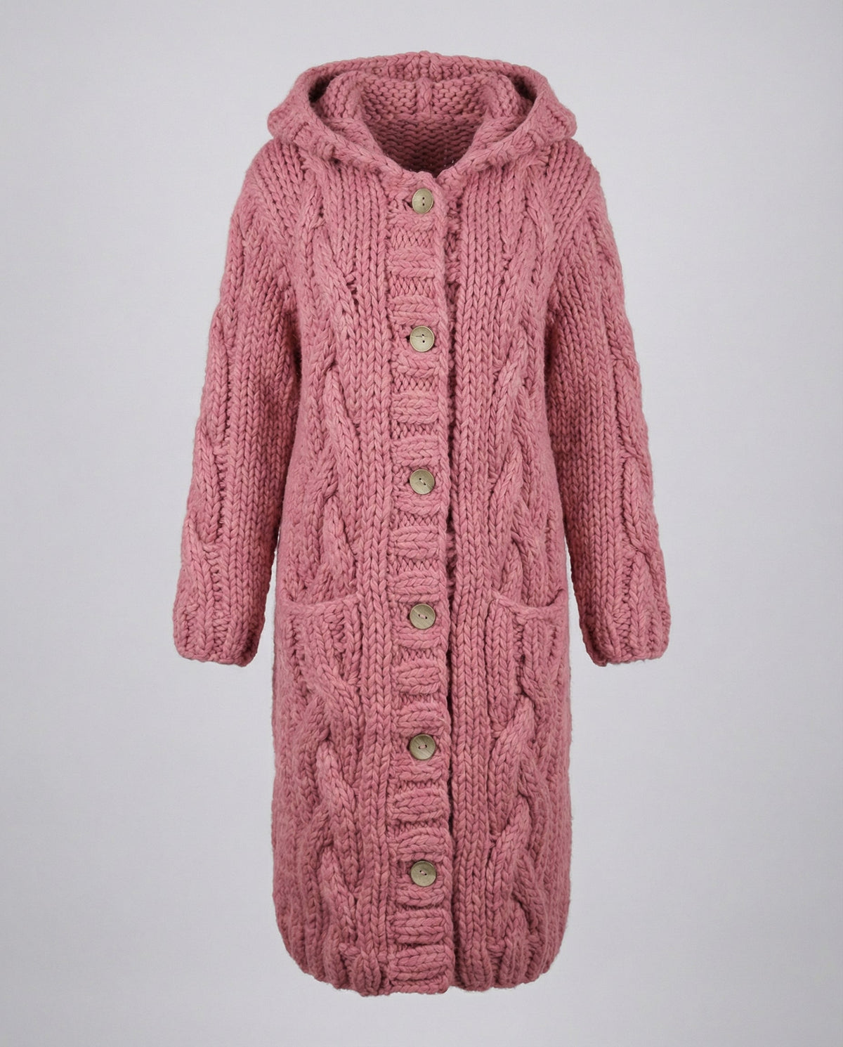 Women's Long Hooded Cardigan in Rose Pink - front view